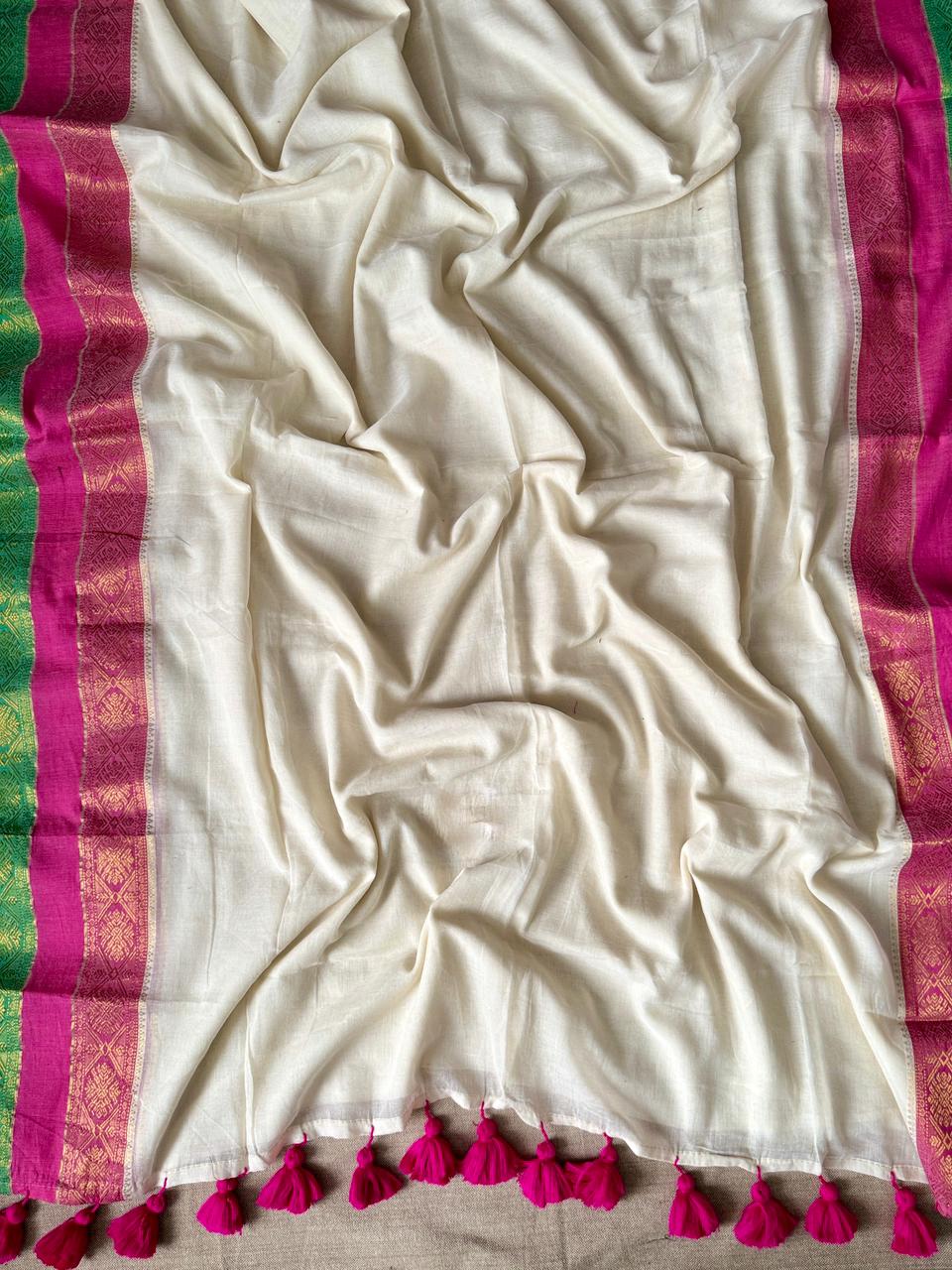 Beautiful White Kanchipuram Mulmul Cotton Saree Soft Lightweight Wear