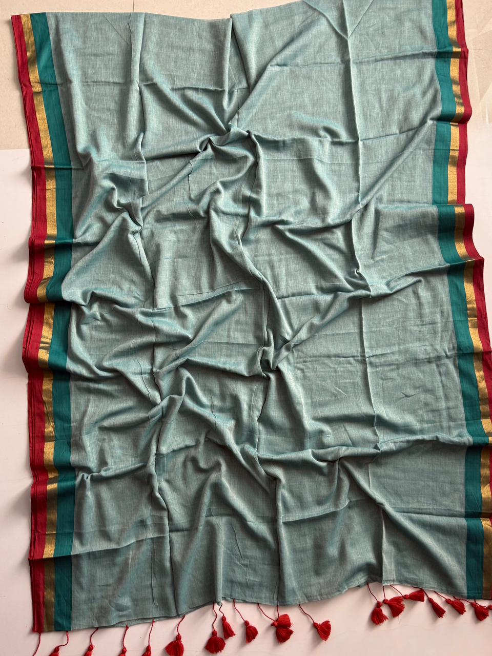 Trendy C Green Mulmul Cotton Saree Comfortable Summer Style