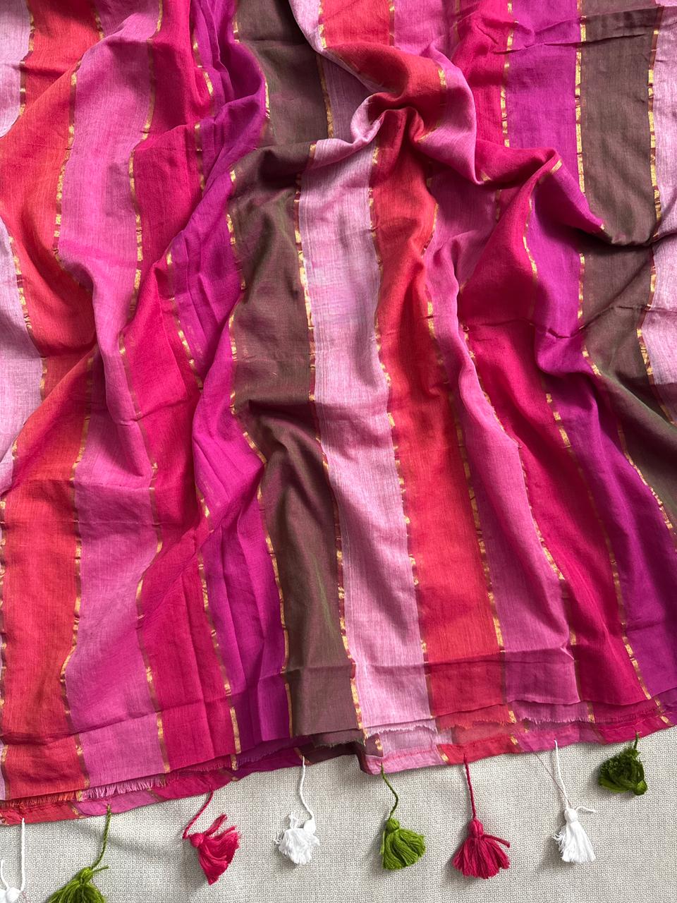 Beautiful Light Pink Multi Clr Mulmul Cotton Saree Soft Summer Style