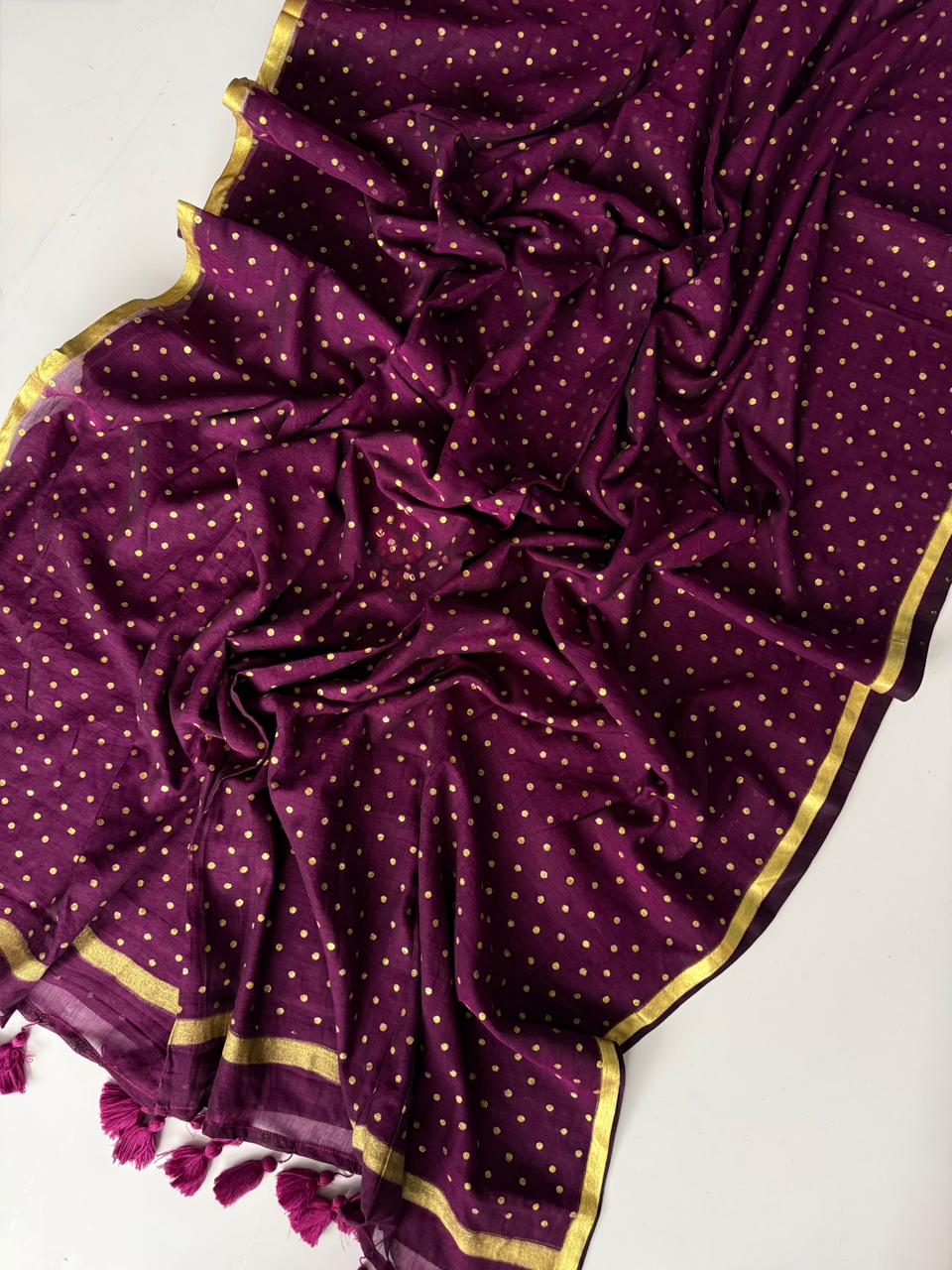 Soft Wine Mulmul Cotton Saree Comfortable Summer Wear