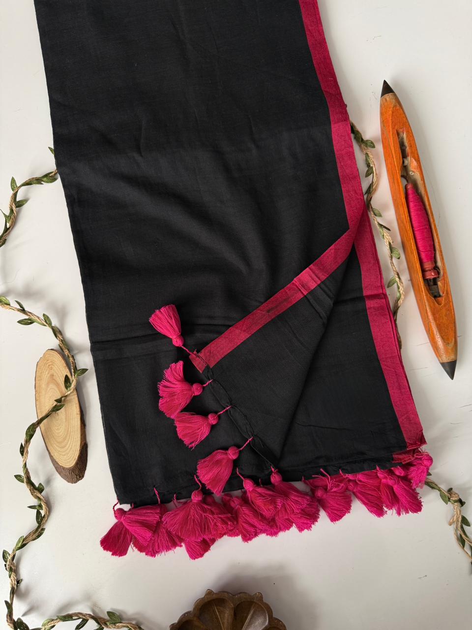 Trendy Black Mulmul Cotton Saree Soft Summer Outfit