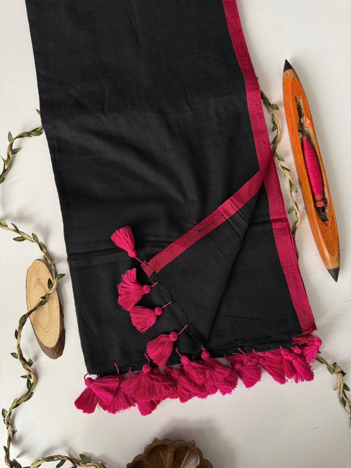 Trendy Black Mulmul Cotton Saree Soft Summer Outfit