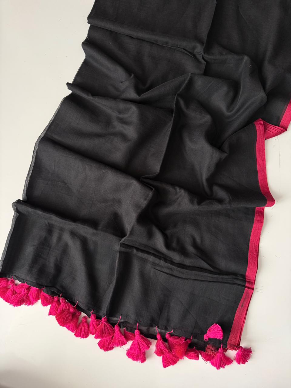 Trendy Black Mulmul Cotton Saree Soft Summer Outfit