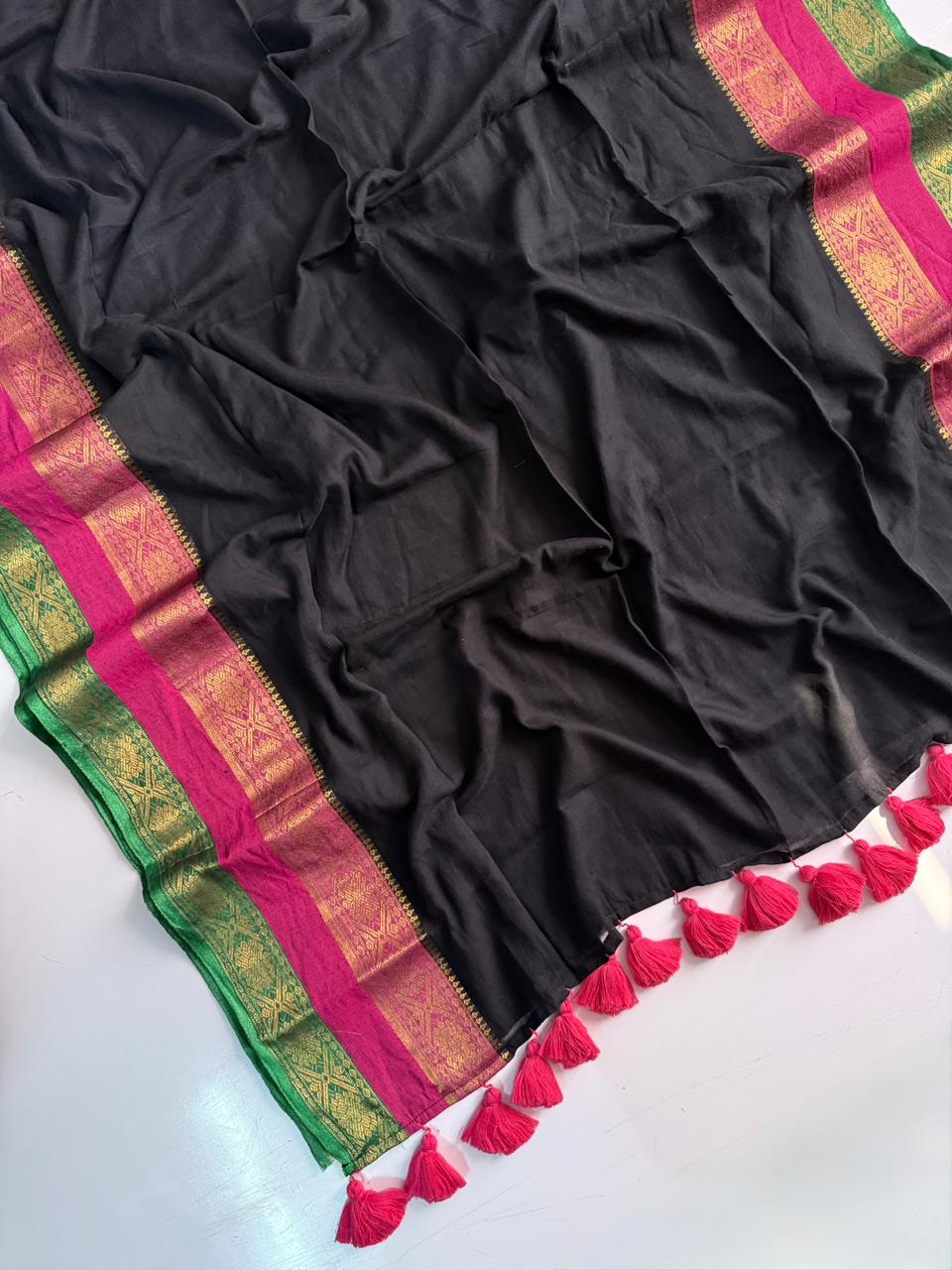 Classic Black Kanchipuram Mulmul Cotton Saree Comfortable Daily Style