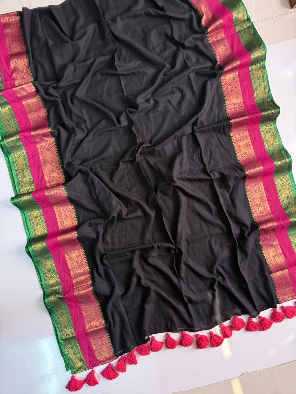 Classic Black Kanchipuram Mulmul Cotton Saree Comfortable Daily Style