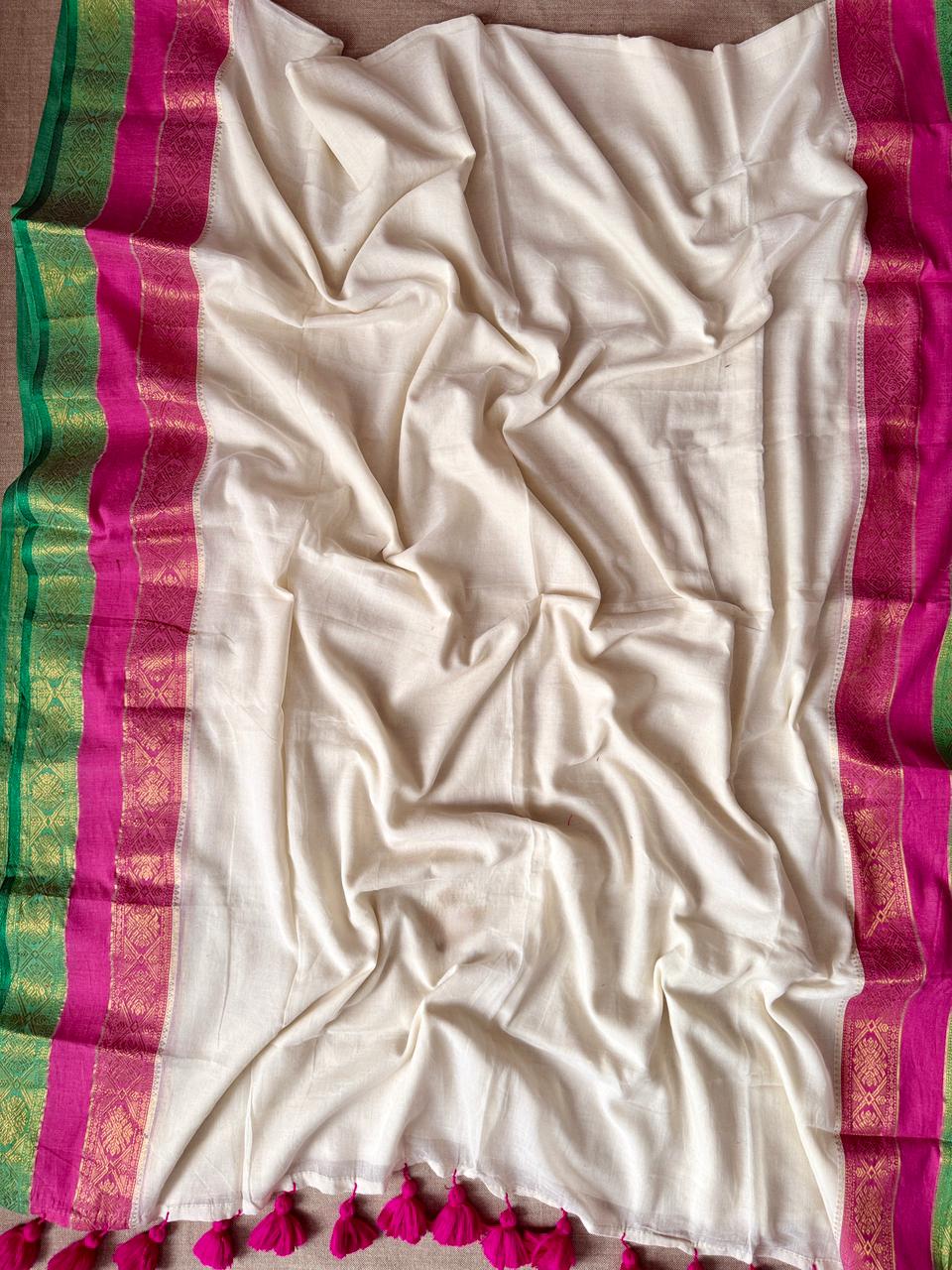 Beautiful White Kanchipuram Mulmul Cotton Saree Soft Lightweight Wear