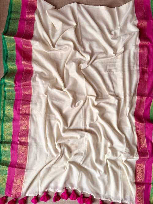 Beautiful White Kanchipuram Mulmul Cotton Saree Soft Lightweight Wear