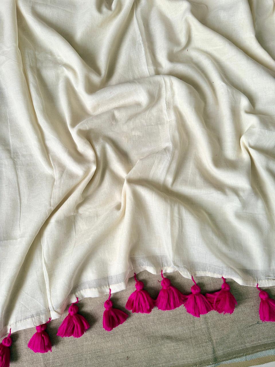 Beautiful White Kanchipuram Mulmul Cotton Saree Soft Lightweight Wear