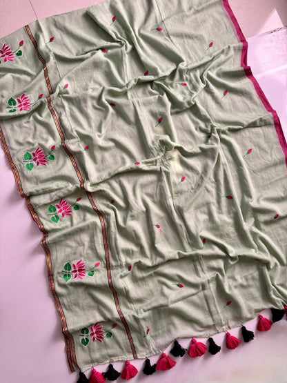 Graceful Light Pista Mulmul Cotton Saree Breathable Summer Collection