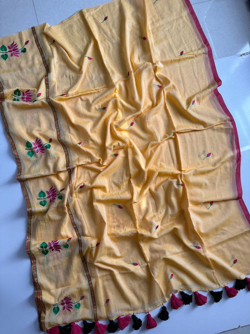Modern Yellow Mulmul Cotton Saree Lightweight Ethnic Wear