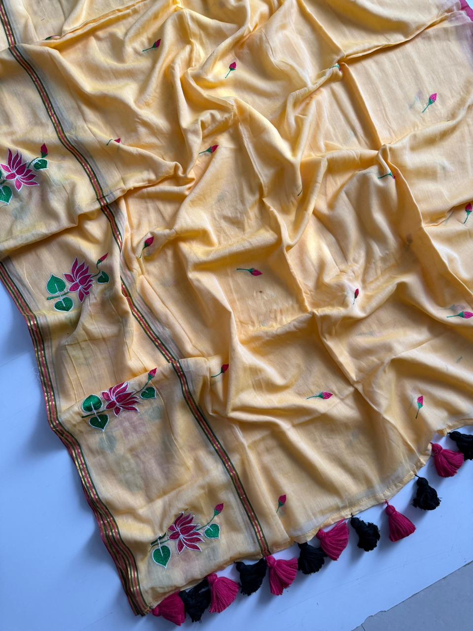 Modern Yellow Mulmul Cotton Saree Lightweight Ethnic Wear