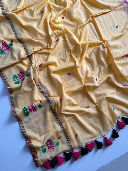 Modern Yellow Mulmul Cotton Saree Lightweight Ethnic Wear