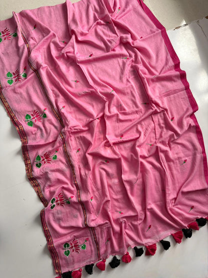 Elegant Pink Mulmul Cotton Saree Soft Summer Collection