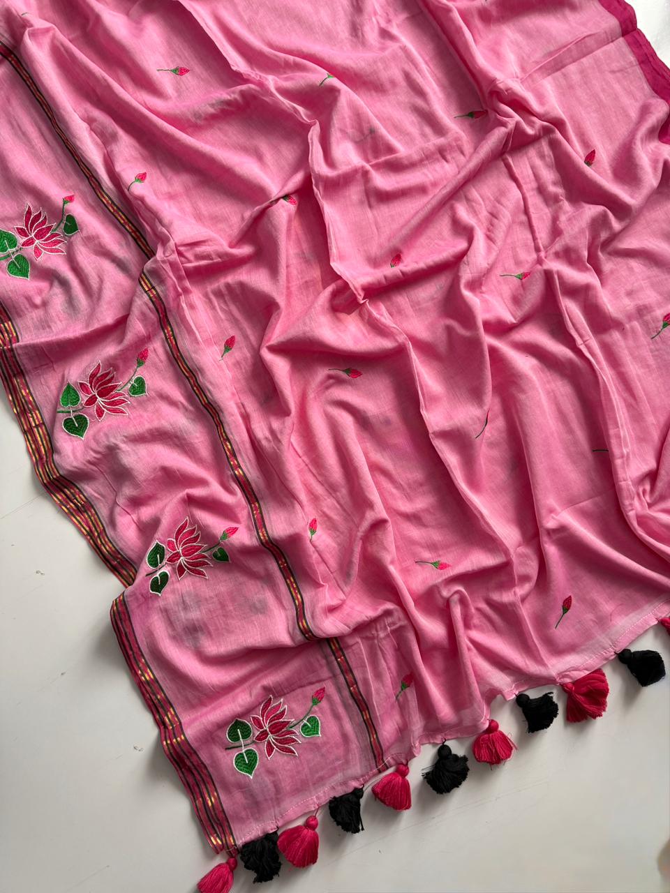 Elegant Pink Mulmul Cotton Saree Soft Summer Collection