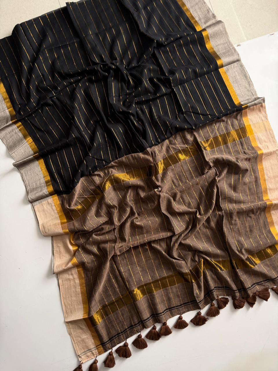 Premium Black Brown Mulmul Cotton Saree Comfortable Casual Collection