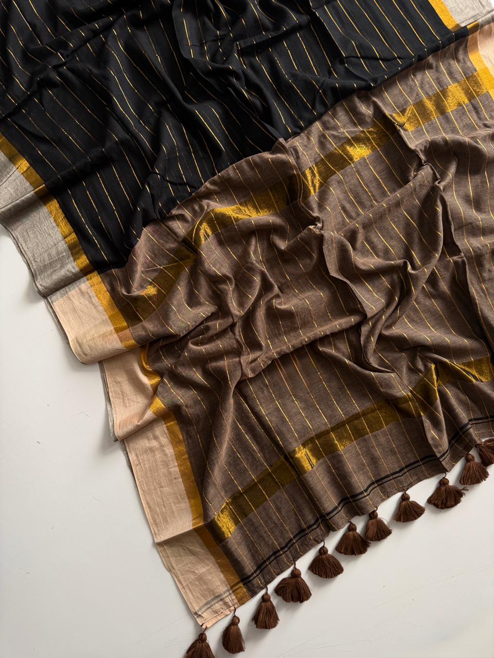 Premium Black Brown Mulmul Cotton Saree Comfortable Casual Collection