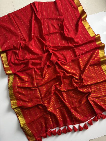 Pure Red Mulmul Cotton Saree Lightweight Daily Collection