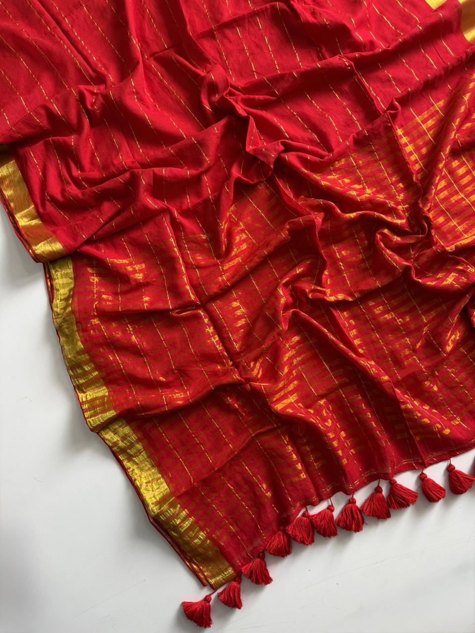 Pure Red Mulmul Cotton Saree Lightweight Daily Collection