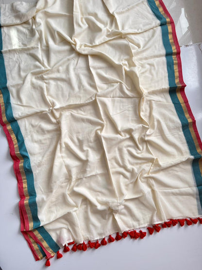 Designer Off White Mulmul Cotton Saree Soft Elegant Wear