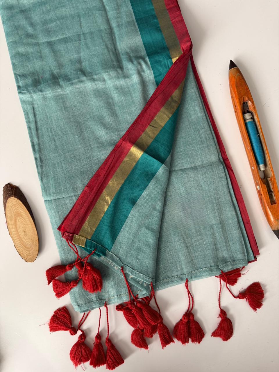Trendy C Green Mulmul Cotton Saree Comfortable Summer Style