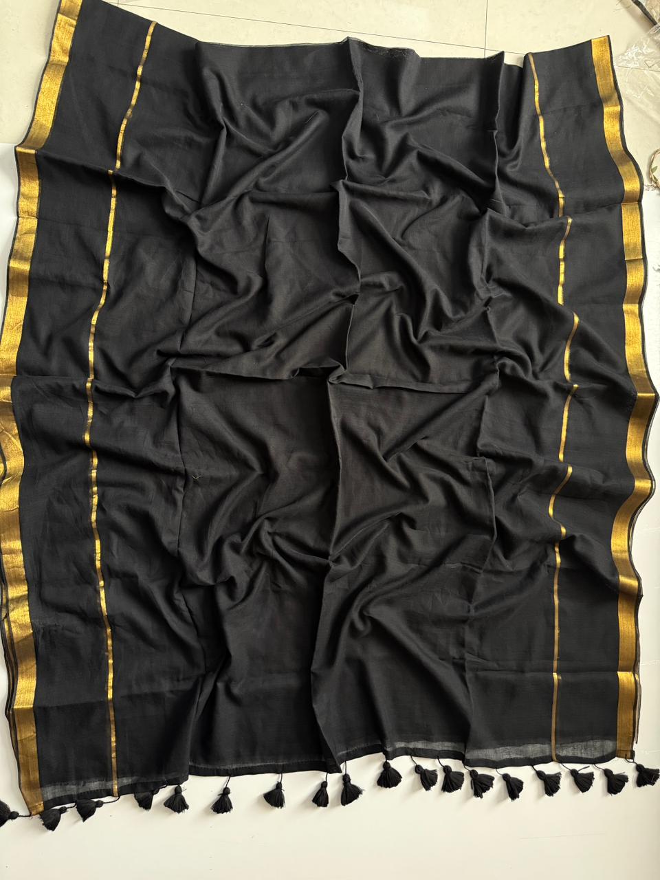 Elegant Black Mulmul Cotton Saree Daily Casual Style