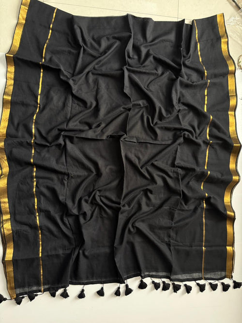 Elegant Black Mulmul Cotton Saree Daily Casual Style