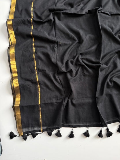 Elegant Black Mulmul Cotton Saree Daily Casual Style