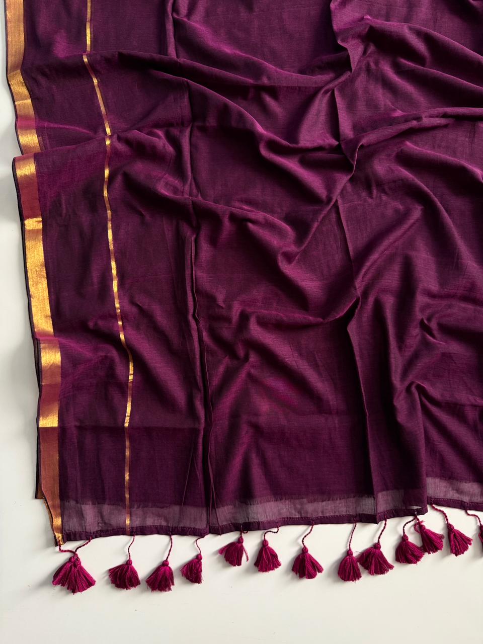Premium Wine Mulmul Cotton Saree Soft Lightweight Fabric
