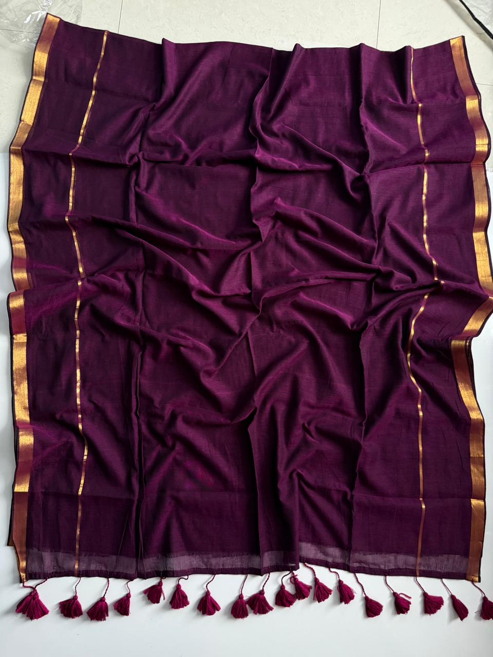 Premium Wine Mulmul Cotton Saree Soft Lightweight Fabric