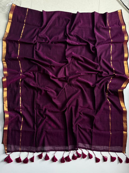 Premium Wine Mulmul Cotton Saree Soft Lightweight Fabric