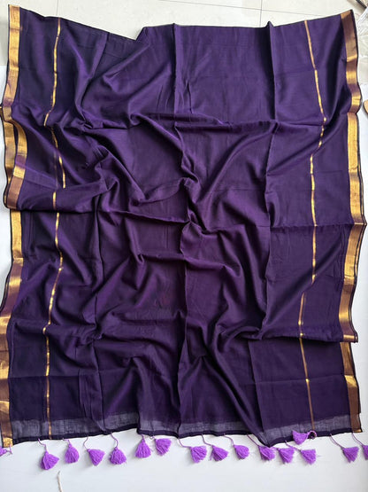 Stylish Purple Mulmul Cotton Saree Breathable Everyday Wear