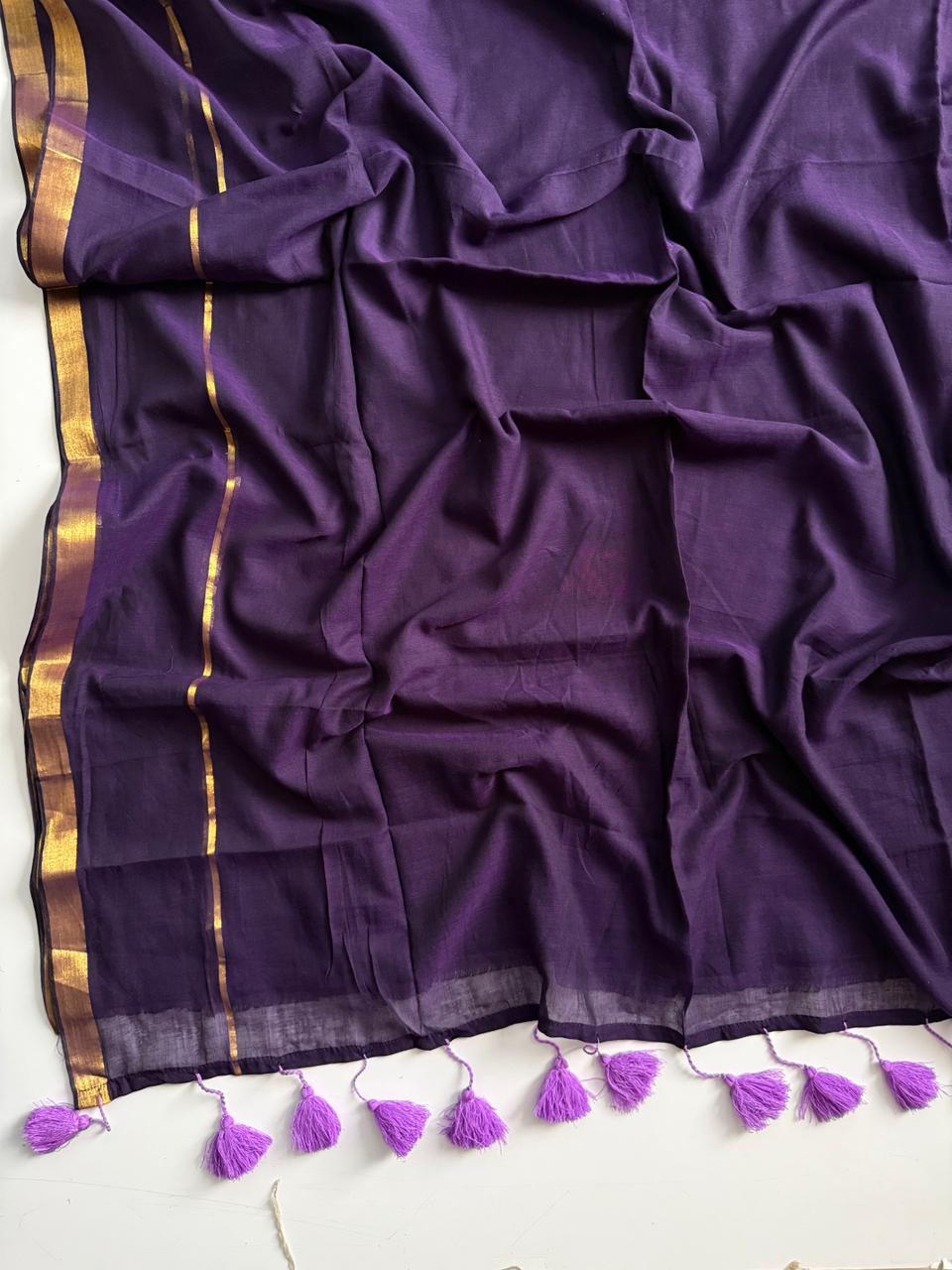 Stylish Purple Mulmul Cotton Saree Breathable Everyday Wear