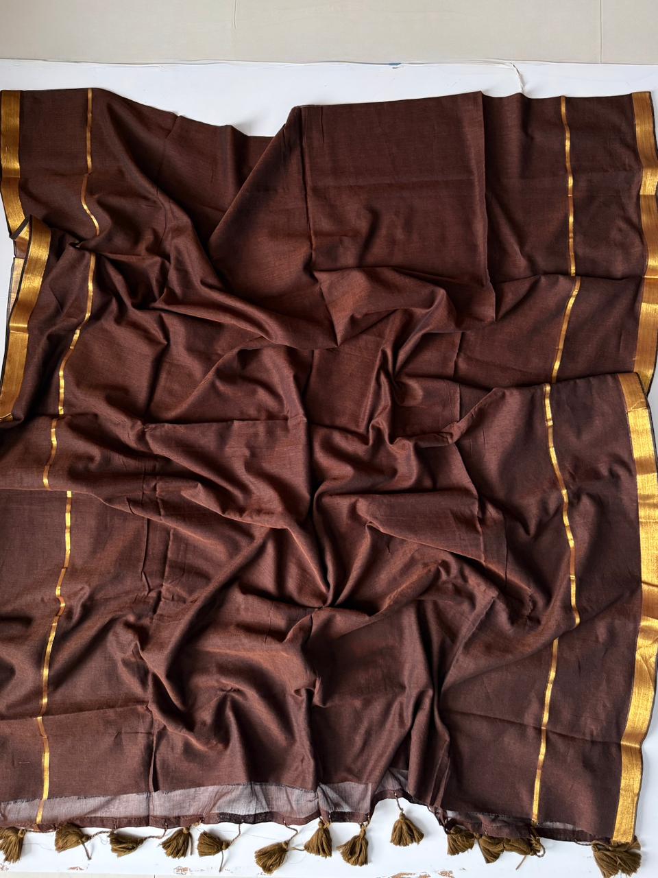 Designer Brown Mulmul Cotton Saree Soft Daily Outfit