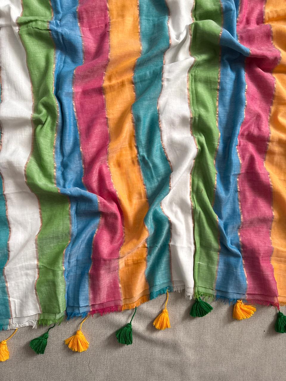 Classic White Multi Clr Mulmul Cotton Saree Comfortable Daily Collection