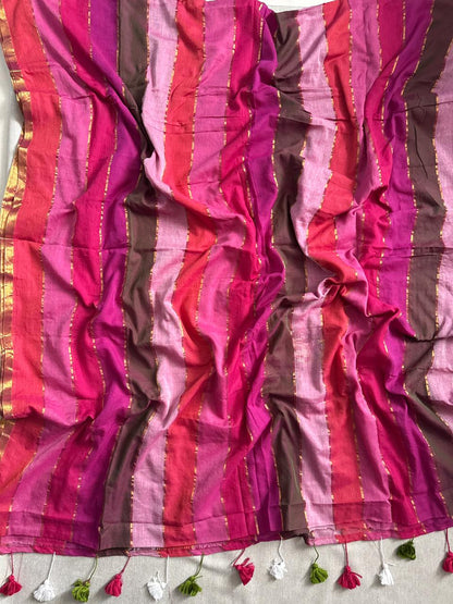 Beautiful Light Pink Multi Clr Mulmul Cotton Saree Soft Summer Style