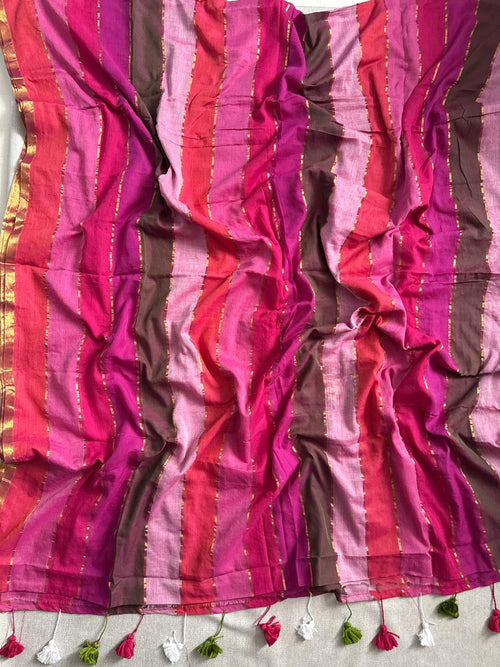 Beautiful Light Pink Multi Clr Mulmul Cotton Saree Soft Summer Style