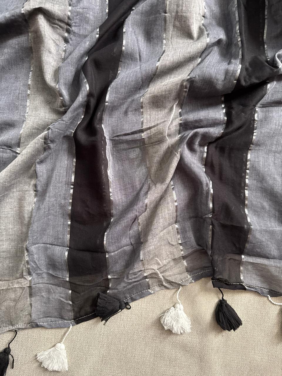 Graceful Black Grey Mulmul Cotton Saree Lightweight Ethnic Wear