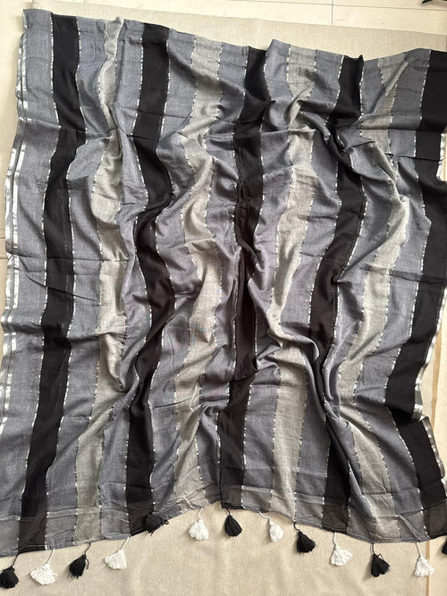 Graceful Black Grey Mulmul Cotton Saree Lightweight Ethnic Wear