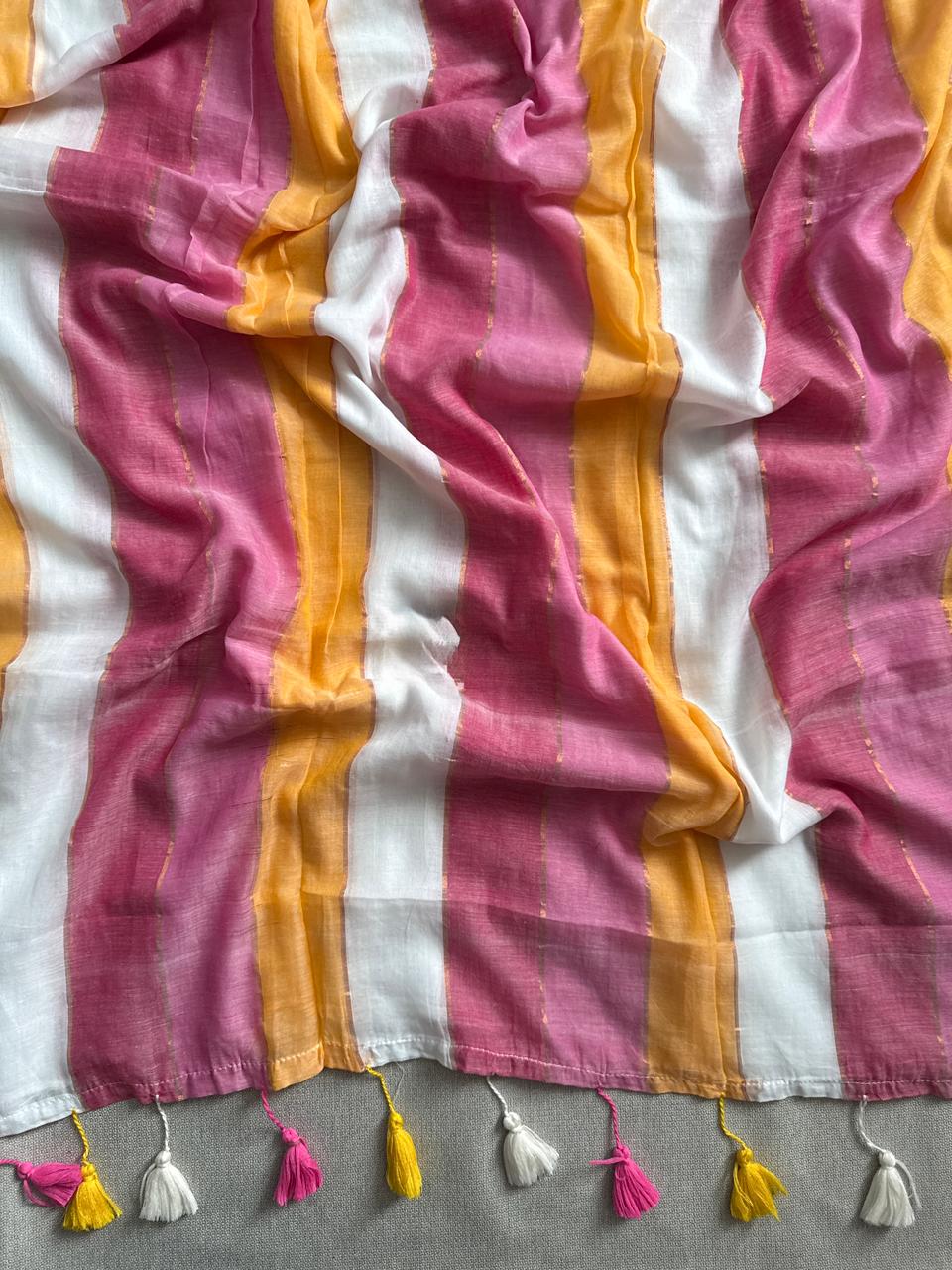 Chic White Pink Mulmul Cotton Saree Soft Everyday Collection