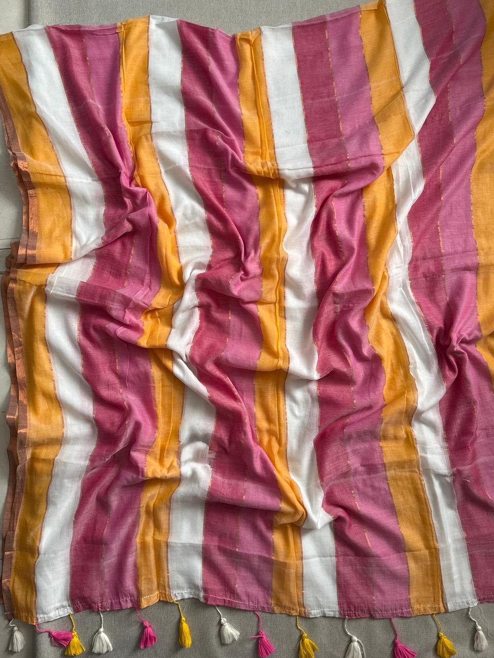 Chic White Pink Mulmul Cotton Saree Soft Everyday Collection