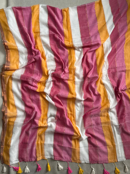 Chic White Pink Mulmul Cotton Saree Soft Everyday Collection
