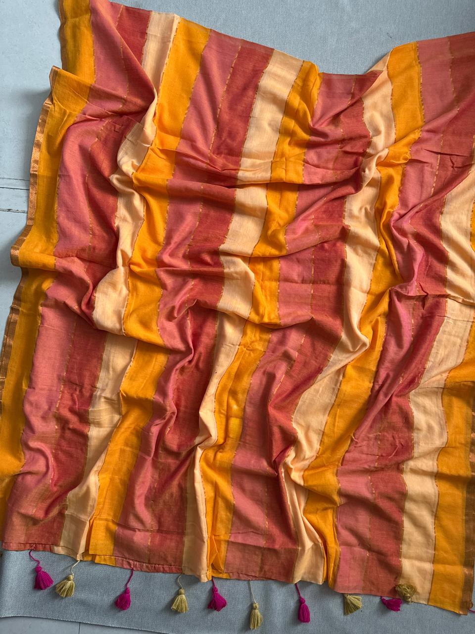 Modern Yellow Mulmul Cotton Saree Breathable Summer Wear
