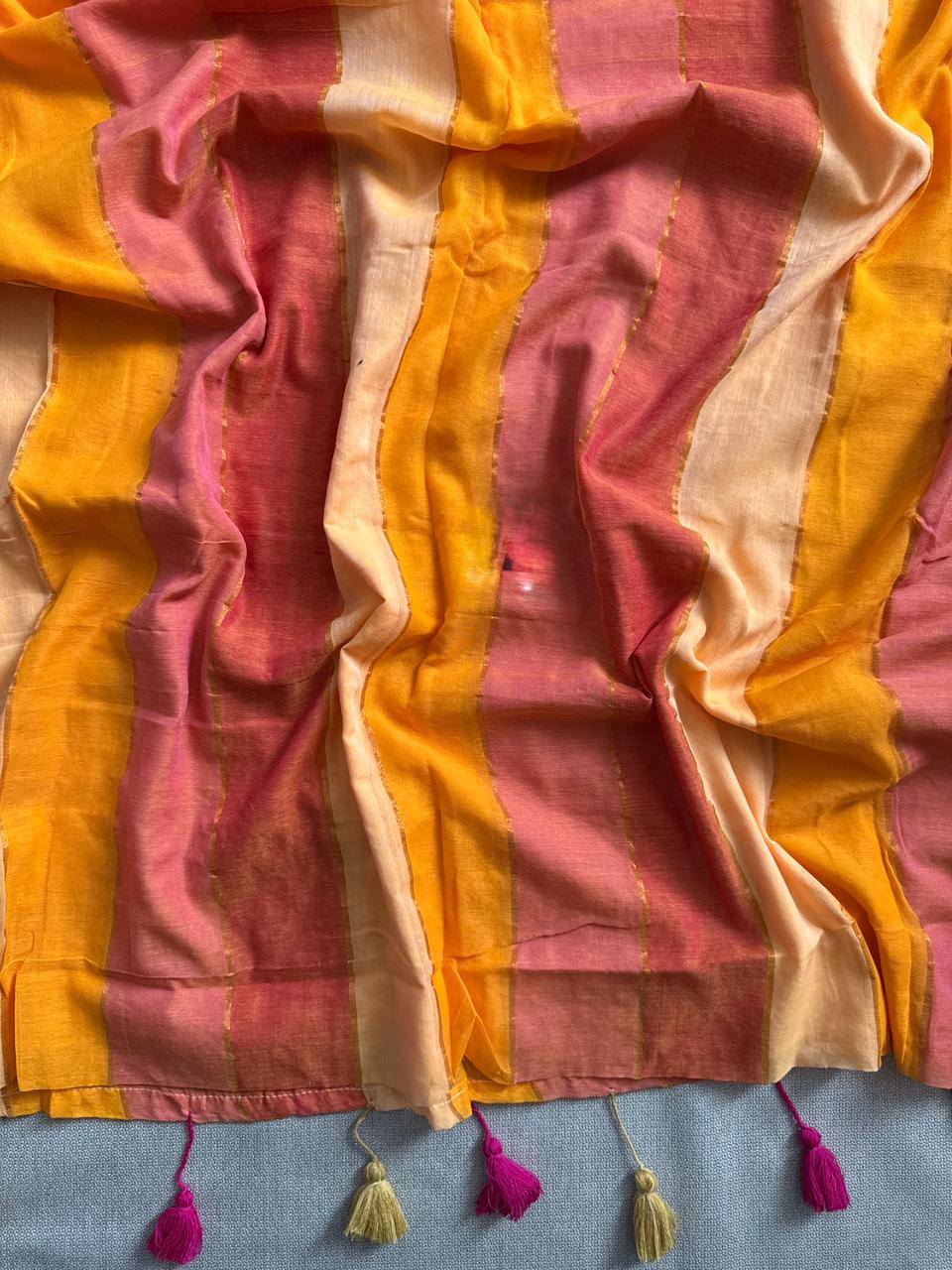 Modern Yellow Mulmul Cotton Saree Breathable Summer Wear