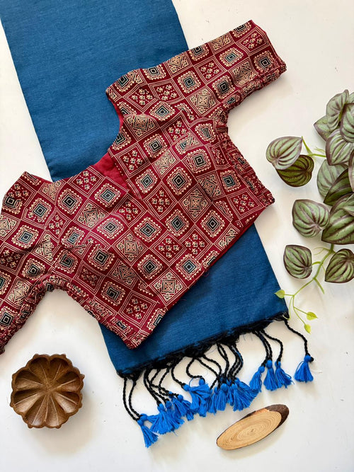 Firozi Handloom Cotton Saree With Stretchable Blouse For Festive Wear