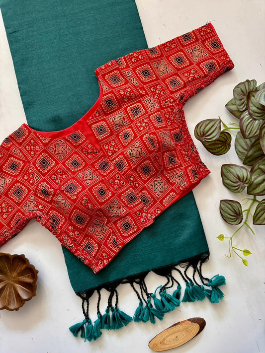 Handloom Rama Cotton Saree With Soft Stretchable Blouse For Women