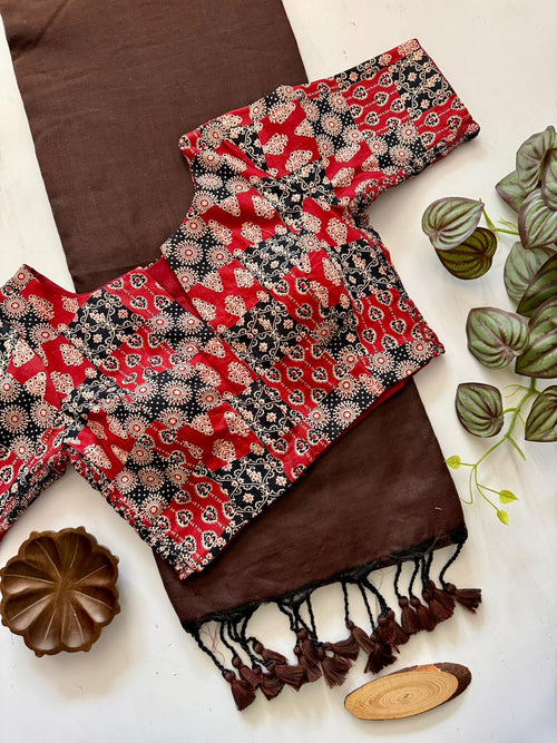 Classic Brown Handloom Cotton Saree With Premium Stretchable Blouse